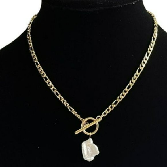 18K‎ Gold Plated Chain Link Baroque Freshwater Pearl Pendant Necklace 17..5in - Picture 1 of 10